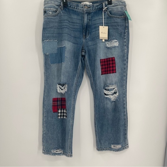 Kancan Women’s NWT No Stretch Plaid Patch Ripped Boyfriend Jeans 32x28 - Picture 12 of 12